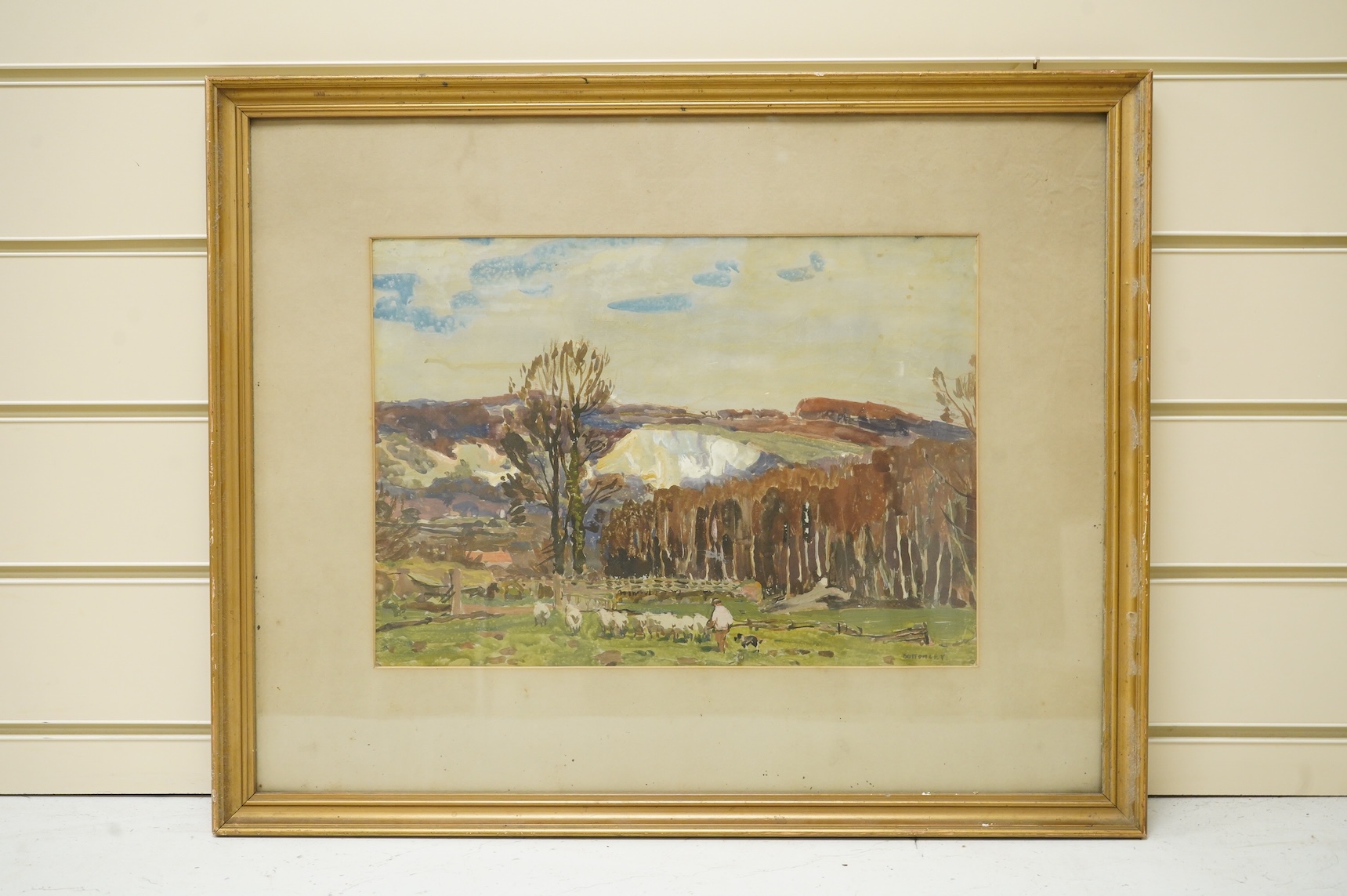Albert Ernest Bottomley (1873-1950), Landscape with shepherd and flock of sheep, signed, watercolour, 25 x 24cm